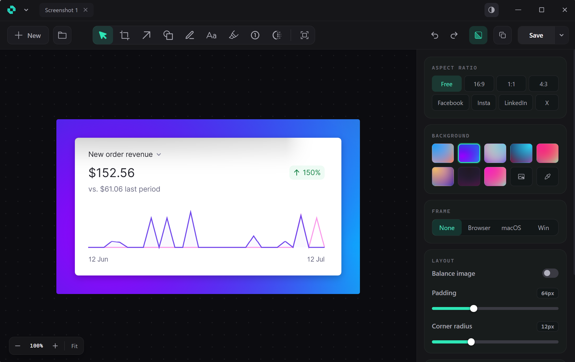 Lumshot editor showing a beautified revenue chart screenshot